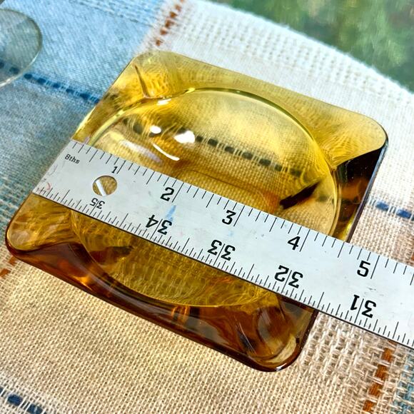 Vintage Amber Cut Glass Ashtray – 4.75” Square Mid-Century Modern - Picture 12 of 14